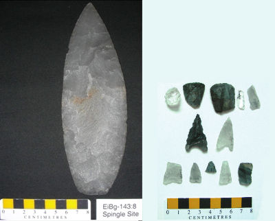 Dramatically different: one of the 'Spingle cache' artifacts and more typical Labrador Paleo-Eskimo stone tools.